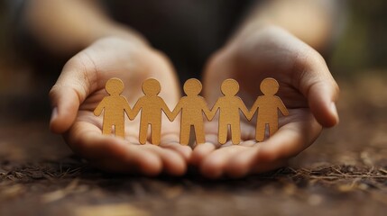 Hands Gently Holding a Chain of Brown Paper Cutout Figures, Representing Community, Care, Protection, and Togetherness with Human Shapes in a Natural Setting Emphasizing Unity and Support