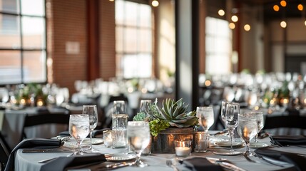 A chic wedding reception set in a modern urban loft, with exposed brick walls and large windows allowing natural light to flood the space. The tables are decorated with minimalist centerpieces,