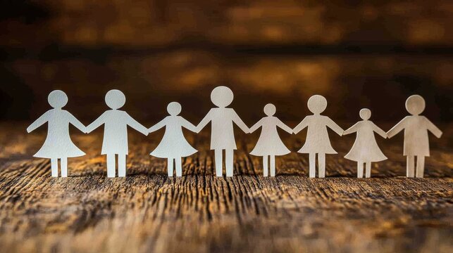 Paper Cutout Chain of Figures Standing on Wooden Surface, Symbolizing Community, Unity, and Togetherness, Highlighting Human Connection, Support, Equality, and Social Bond in Natural Setting