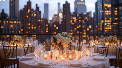 A romantic wedding reception on a rooftop terrace with panoramic views of the city skyline. The tables are arranged around the edge of the terrace, decorated with white linens, candles, and simple