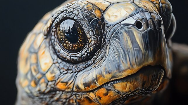 Close-up portrait of a turtle's head, showing its eye and shell patterns.
