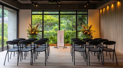 Fototapeta premium A modern graduation ceremony setup in a sleek, contemporary venue, with rows of chairs facing a minimalist stage. The stage is decorated with a simple banner and stylish floral arrangements, with