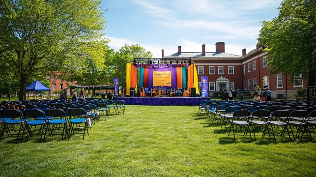 A vibrant outdoor graduation ceremony setup on a college quad, with a stage set up in the center of the lawn. Rows of chairs are arranged around the stage, with a large banner and colorful