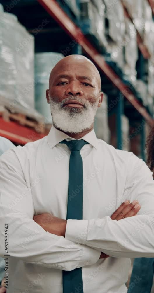 Sticker Face, mature and black man with confidence in warehouse, cargo inspection and project manager of logistics career. Portrait, industry worker and arms crossed, safety pride and shipping distribution