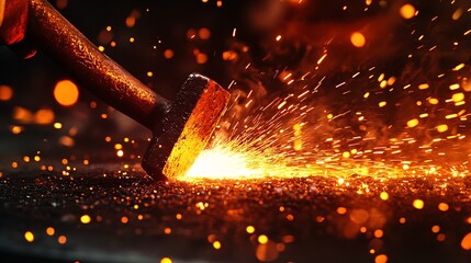 A powerful Labor Day image showcasing a blacksmiths forge, with glowing hot metal being shaped on an anvil. Sparks fly as the metal is struck by a hammer, creating a dramatic and energetic scene. The