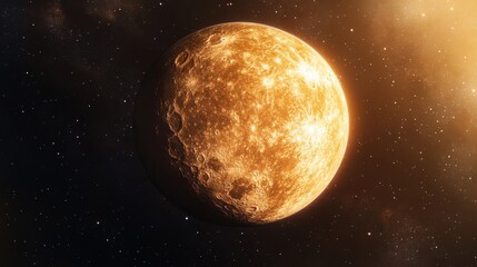 Mercury, showing a cratered rocky surface with shades of gray and brown. This image captures a barren and rugged landscape with realistic textures against a dark space backdrop of distant stars