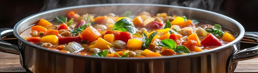 Stock pot, slow-simmering soup with vibrant vegetables, warm tones, steam gently rising, homely kitchen environment
