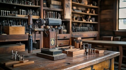 A nostalgic Labor Day scene set in a vintage workshop, with a collection of antique tools displayed on a wooden table. The tools, including a hand-cranked drill, a wooden plane, and a set of chisels,