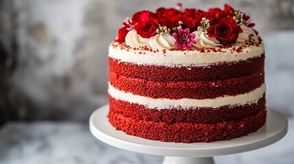 A vibrant red velvet cake with layers of soft, moist sponge separated by a creamy, white frosting. The cake is topped with a sprinkling of red velvet crumbs and a few edible flowers, adding a pop of