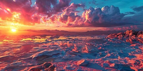 A beautiful sunset over a vast, icy landscape