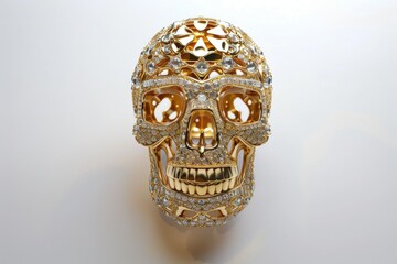 Gold faceted skull reflecting light, combining modern and traditional elements of the Day of the Dead celebration. ai