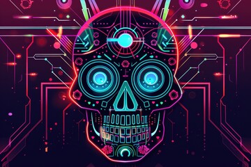 Futuristic neon cyber skull with circuitry patterns, glowing in vibrant blue, pink, and red, merging technology with Day of the Dead traditions. ai
