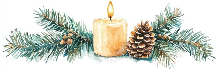 A watercolor illustration of a lit wax candle adorned with a fir branch and a fir cone set against a white background