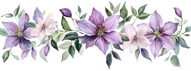 Obraz premium Clematis bouquet featuring botanical flowers Isolated wild spring leaves and wildflowers Set of watercolor background illustrations Fashionable watercolor drawings in an isolated style Square fram