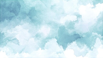 Fototapeta premium Aesthetic pastel teal blue watercolor brush paint digital banner background Clouds in a sky blue hue create a fresh atmosphere ideal for winter themed designs Abstract cyan watercolor frame in whi