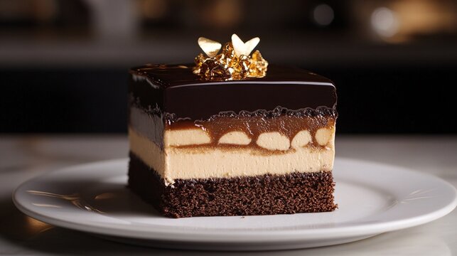 A decadent opera cake with layers of almond sponge, coffee buttercream, and chocolate ganache. The cake is topped with a glossy chocolate glaze and a few gold leaf decorations, adding a touch of