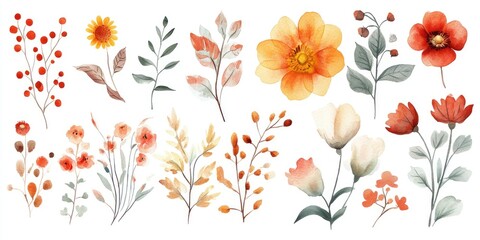 Obraz premium Charming collection of watercolor hand painted delicate autumn flowers Floral stock illustration Nature themed clip art