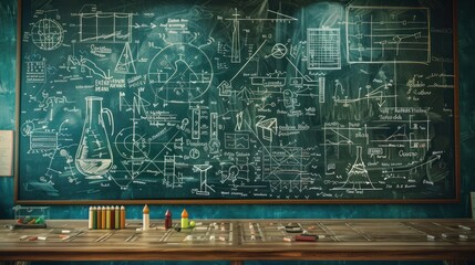 Chalkboard Filled with Scientific Equations and Drawings