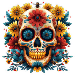Vibrant sugar skull with flowers and bees isolated white background, cartoon
