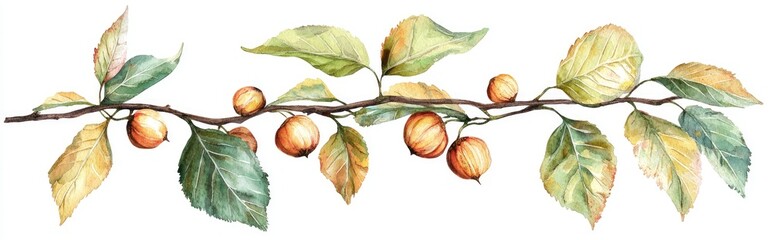 Chestnut branch featuring leaves and fruits watercolor illustration on a white background