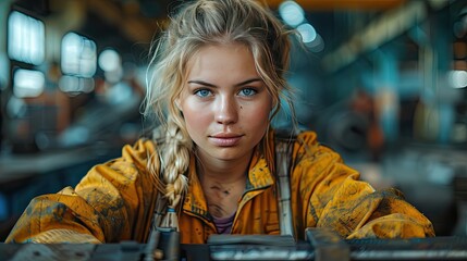 Obraz premium beautiful blonde woman works aswelder in workshop operating welding machine wearing protective clothing andwelding mask
