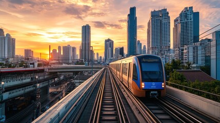 BANGKOK, THAILAND-APRIL 14, 2021: Beautiful sunset cityscape with modern building landmark, Chong Nonsi skywalk and BTS Skytrain or The Bangkok Mass Transit System at Sathorn bussiness center