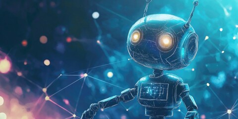 Fototapeta premium A charming small robot developing a neural network Watercolor illustration of a cyber space crafted through AI technology