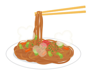 皿に盛られた湯気の立つ焼きそばに割り箸