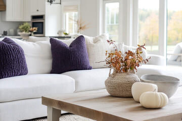 Fototapeta premium Modern house interior living room sofa with purple chunky knit pillows