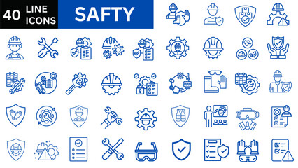 Safety icon set . risk, management, accident, prevention, protection, equipment, workplace, incident report, training and emergency.