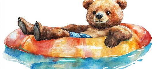 Baby bear in swim attire Watercolor illustration clipping path