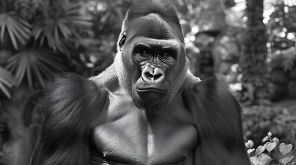 Black and white wildlife scene of a gorilla in the forest