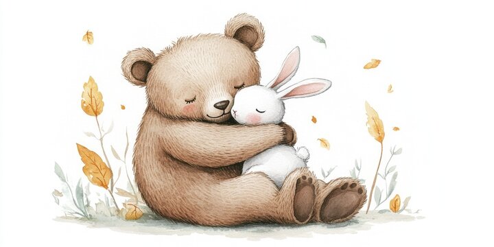 Adorable watercolor illustration of a bear hugging a toy rabbit on a white backdrop