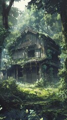 Fototapeta premium A mysterious, overgrown house stands quietly amid thick greenery, evoking a sense of solitude and nature’s reclaiming touch