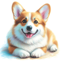 Obraz premium 흰 배경, 웰시 코기, 파스텔화 (White background, Welsh Corgi, pastel painting)