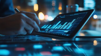 Businessman using tablet and laptop analyzing sales data economic growth graph chart strategic approach to success, Utilizing technology for financial growth analysis business, Investment insights.