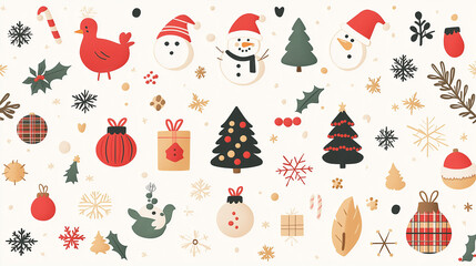 A checkered grid, each square filled with a different Christmas element, such as snowmen and trees. Colors include red, green, gold, white, black and brown,