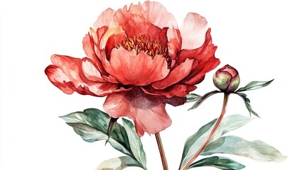 Burgundy watercolor peony featuring a large open bloom and a budding flower © AbstractAI