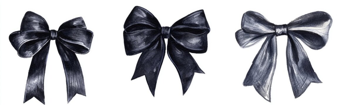 Black coquette ribbon bow collection artistic watercolor illustration