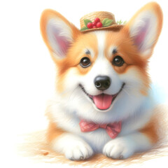 Obraz premium 흰 배경, 웰시 코기, 파스텔화 (White background, Welsh Corgi, pastel painting)