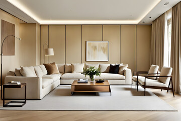 Fototapeta premium modern living room with fireplace, modern beige living room