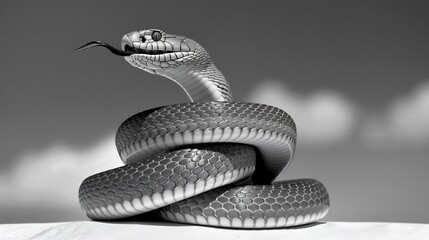 Obraz premium Black and white wildlife scene of a cobra coiled and ready to strike