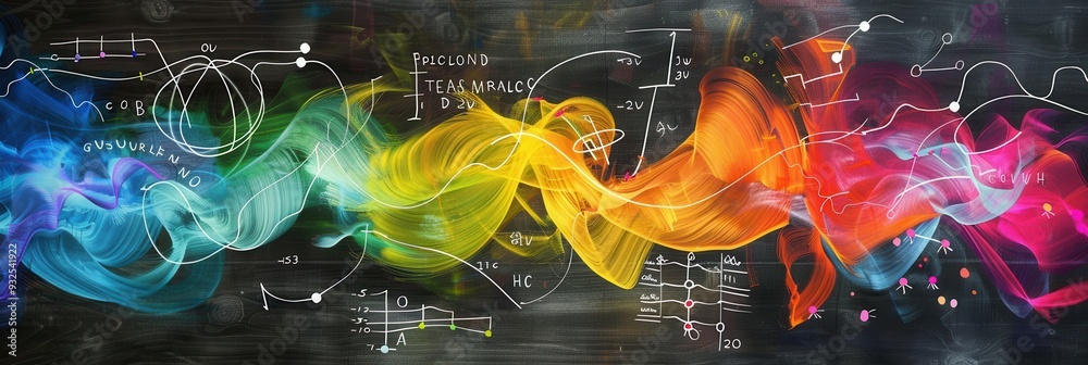 Fototapete a vibrant chalkboard displays colorful waves and integrates scientific formulas and diagrams through