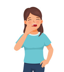 Young woman feel sleepy yawning
