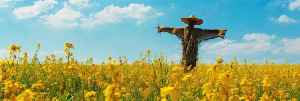 Sticker Scarecrow positioned in a lively mustard field under a clear blue sky