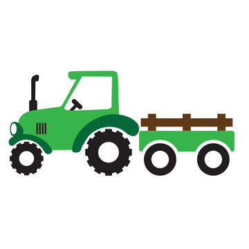 Green farm tractor and wagon vector cartoon illustration