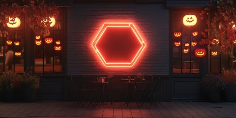 Obraz premium Blank hexagon signboard with neon light and Halloween decorations, positioned on the wall outside a themed cafÃ©, ready for logo presentation