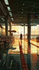 An empty airport showcases vibrant sunset colors reflecting off polished floors as a solitary figure walks through the terminal