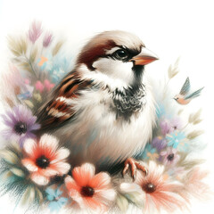 흰 배경, 참새, 파스텔화 (white background, sparrow, pastel painting)