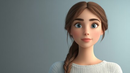 3D Cartoon Image of a Young Beautiful Woman in Front of a Gray Backdrop